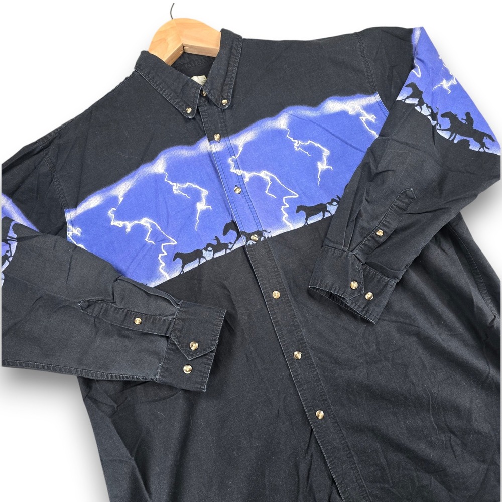 Express Rider Mens 3XL Black Cotton Western Lightning Horse Graphic Button Shirt